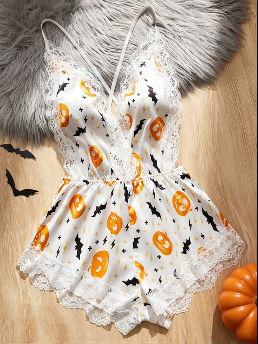 White, Black & Orange, Halloween, Pumpkin Print, Lingerie Bodysuit